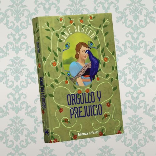 La portada de un libro de tapa dura en tonos verdes, titulado "Orgullo y prejuicio" de Jane Austen. La portada está adornada con un patrón de hojas verdes y flores rojas, y presenta una ilustración de una mujer con un vestido azul y un pavo real azul a su lado.