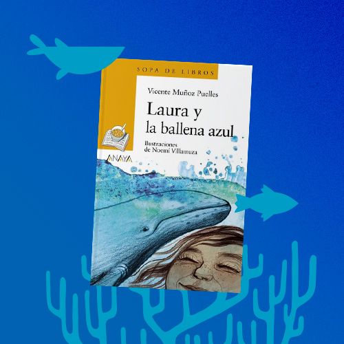 La portada de un libro infantil con la parte superior amarilla y el resto blanco, titulado "Laura y la ballena azul" de Vicente Muñoz Puelles e ilustraciones de Noemí Villamuza.