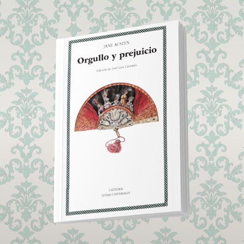 La portada de un libro blanco titulado "Orgullo y prejuicio" de Jane Austen. La portada está enmarcada por un borde punteado verde y presenta una ilustración detallada de un abanico español rojo, con figuras en miniatura en su interior, sobre un fondo blanco.