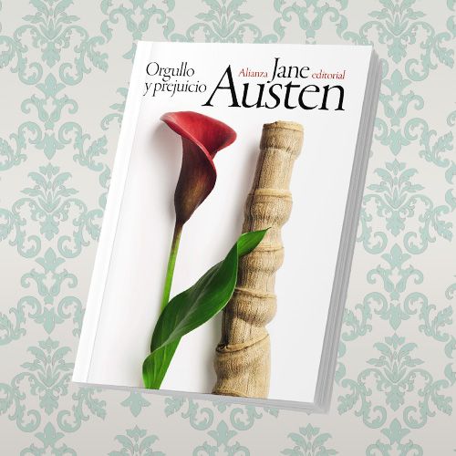 La portada de un libro titulado "Orgullo y prejuicio" de Jane Austen. La portada blanca presenta una ilustración minimalista de una cala roja en plena floración a la izquierda y un cilindro de textura rugosa, posiblemente de bambú, a la derecha.