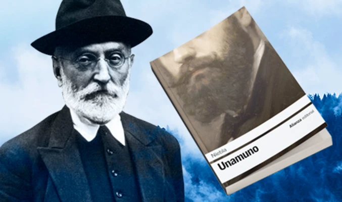Imagen de Miguel de Unamuno junto a su libro Nieba